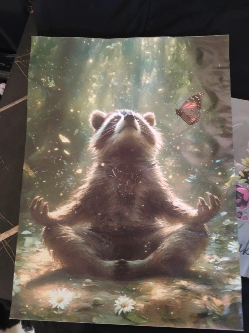 Meditative Raccoon Wall Poster - Green and Brown Tones